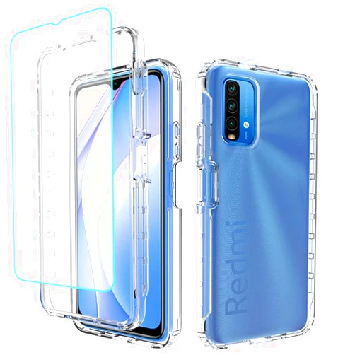 Bohefo Clear Case Compatible with Redmi 9T/Poco M3/Redmi Note 9 4G Case with Tempered Glass Screen Protector, Cute Crystal Bumper Shockproof Protective Case Cover for Xiaomi Redmi Note 9 4G (Clear)