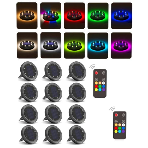 VIODAIM Color Changing Solar Ground Lights with 33ft Long Distance Remote Control - Flat Solar Lights Outdoor Waterproof - Pathway Lights Solar Powered for Yard Decorative Outside Lawn Walkway [12 Pack]