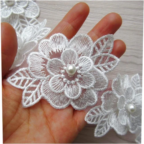 SHBBON 2 Yards 3D Flower Lace Trim Pearl Embroidered Polyester Lace Ribbon Fabric Applique Patchwork for Wedding Dress Handmade DIY Sewing Craft Supplies Decoration (White)