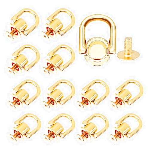 HZMM 12 Pcs D Ring Stud Screw Ball for Leather Purse, D Ring Stud Rivets Post Head Buttons Gold Ball Studs Rivets with D Rings Metal Ring for DIY Wallet Leather Collar Belt Handbag Shoes