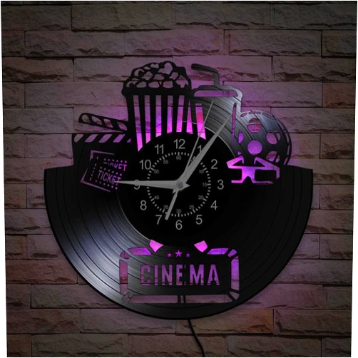 TIMEGLOW 12 Inch Movie Films Vinyl Record Wall Clock 7 Color Changing, Home Theater Cinema and Popcorn Wall Clock Silent Non Ticking LED Night Light Wall Watch Clock Home Cinema Decor for Movie Lovers