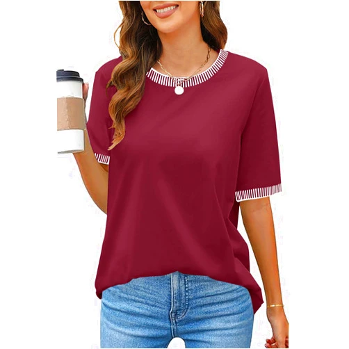 MEROKEETY Women's 2024 Short Sleeve Striped Color Block T Shirts Crewneck Loose Casual Tee Tops