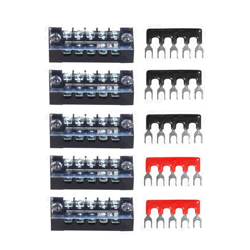 MILAPEAK Terminal Block and Strip - 10pcs (5 Sets) 5 Positions Dual Row 600V 15A Screw Terminal Strip Blocks with Cover + 400V 15A 5 Positions Pre-Insulated Terminals Barrier Strip (Black & Red)
