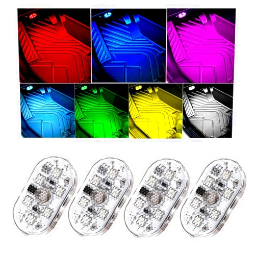 Hbxdeco 4 PCS Car LED Lights Interior Wireless, Super Bright 7 Colors Auto Interior Ambient Light with 6 Bright LED Lamp Beads, Portable USB Rechargeable Car Led Night Light for Vehicle Decor
