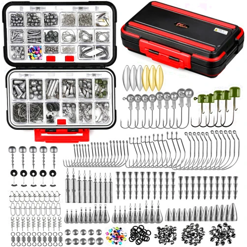 PLUSINNO 387pcs Fishing Accessories Kit, Fishing Tackle Box with Tackle Included, Fishing Hooks, Fishing Weights, Spinner Blade, Fishing Gear for Bass, Bluegill, Crappie