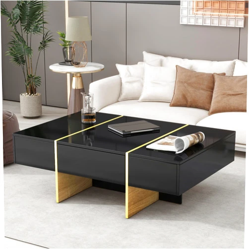 Fulocseny Coffee Table,High Gloss Coffee Table, with 2 Drawers,Multi-Storage Rectangle Sofa Table with Golden Wood Grain Legs,for Living Room, Office 47.2×31.4×15.7(in) Black