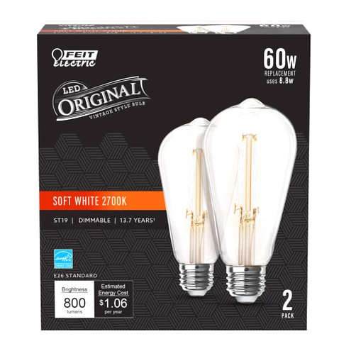 Feit Electric ST19 Vintage Edison LED Light Bulb, 60W Equivalent, Dimmable, 2700K Soft White, 800 Lumens, E26 Base, Retro Filament Light Bulbs, 15,000-Hour Lifetime, ST1960/CL/927CA/2, 2 Pack
