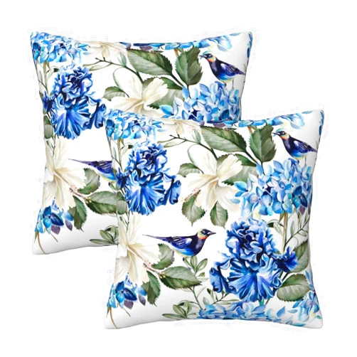 Tebjh Blue and White Floral Pillow Covers 18x18 Set of 2, Spring Hydrangea Hibiscus Flower Throw Pillow Covers Outdoor Decorative Pillow Case for Couch Bed Sofa Cushion Home Decor
