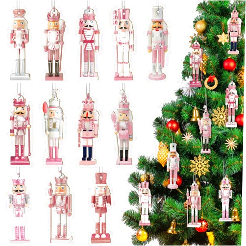 Woanger 48 Pcs Christmas Nutcracker Ornaments Christmas King and Soldier Ornaments Pink Figures Hanging Christmas Ornaments Mini Wooden for Xmas Tree Ornament Set