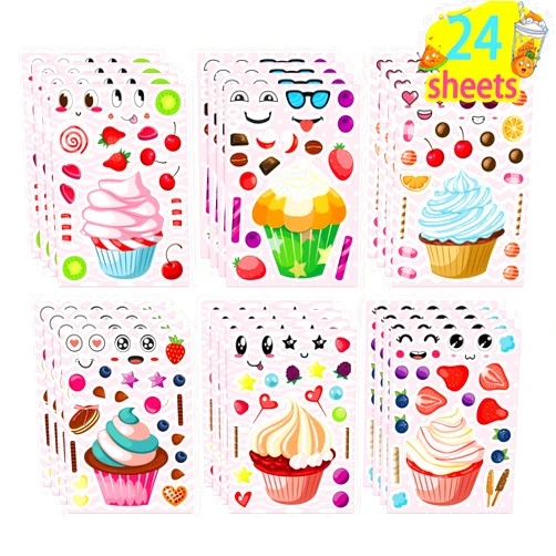 DUJAA 24 Sheets Make-a-face Cupcake Stickers Make Your Own Dessert Stickers Mix and Match Sweets and Fruit Treats Party Favor Supplies for Kids Ice Cream Sticker Games Birthday DIY Art Crafts
