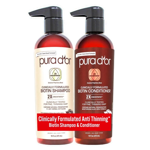 PURA D'OR Professional Grade Clinically Formulated Biotin Shampoo & Conditioner For Hair Thinning - 2X Concentrated Proprietary Herbal Blend Thickening Products For Women & Men, Sulfate Free, 16oz x2