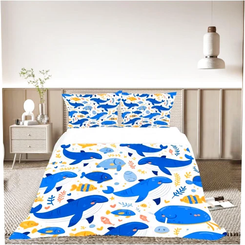 Lokaluo Whale Duvet Cover Full Size 3D Printed Cartoon Blue Whale Duvet Cover Set Blue Ocean Animal Themed Sealife Tropical Beach Bedding Set Bedroom Decor 3 Pcs Comforter Cover with 2 Pillowcases