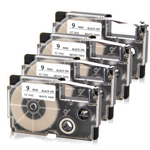 Absonic 4-Pack Compatible for Casio Label Maker Tape 9mm XR-9WE XR-9WE2S XR9WE2S 9mm Black on White Label It for KL-120 KL-60 KL-100 KL-750 KL750B KL-780 KL820 KL7000 KL7200 Label Maker, 3/8