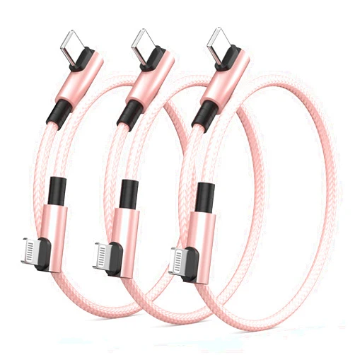 Kassdin [Apple MFi Certified] USB C to Lightning Cable 7 Inch Short, 3 Pack 90 Degree iPhone Fast Charger Cord Braided Short USB C to Lightning Fast Charging Cable for iPhone 14 13 12 11 XS XR X 8 iPad, Pink