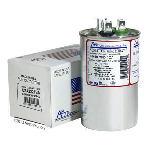 AMRAD 60 + 10 uf / Mfd Round Dual Universal Run Capacitor Replacement Amrad USA2221BA Replacement - used for 370 or 440 VAC , Made in the U.S.A.