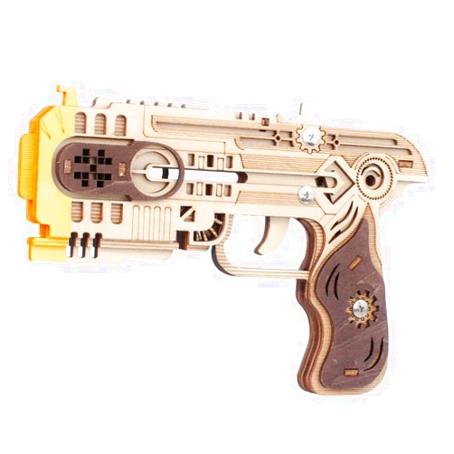 The Missing Piece 3D Wooden Rubber Band GunAdult Puzzle Model TSZH010 Named as a Space Gun. Comes with a Pack of Rubber Bands and Small Targets