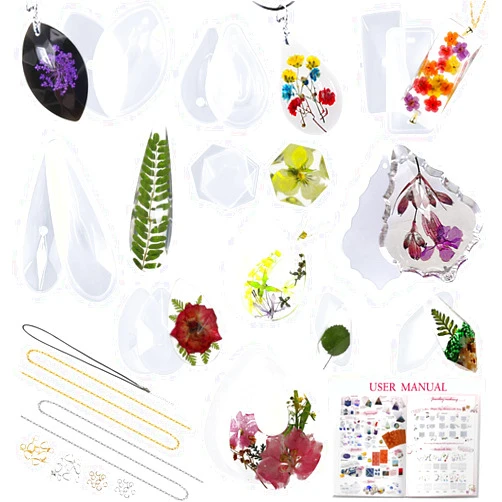 Funshowcase Necklace Pendant and Earrings Epoxy Silicone Molds with Hanging Holes, Jewelry Making Supply Set 45 Pack