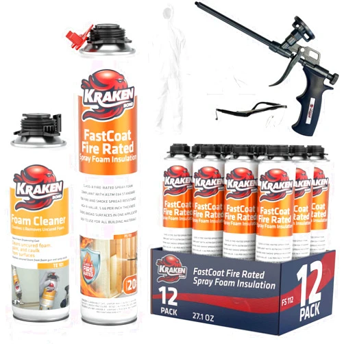 Kraken Bond Fastcoat Fire Rated Spray Foam Insulation Kit Closed Cell in a Can 240 sq ft (12x27.1 oz.) (R-Value 11.32 / 2in) - Spray Foam for Garage Door, Attic, Wall Gun & Cleaner Included, 12 Pack