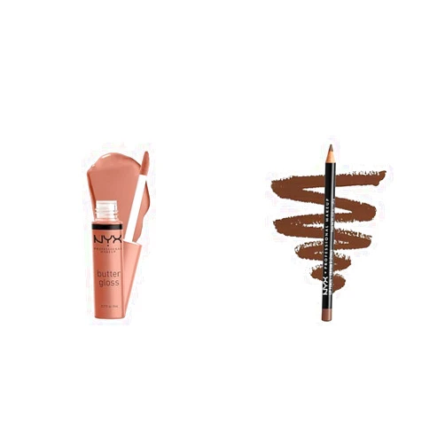 NYX PROFESSIONAL MAKEUP Butter Gloss, Non-Sticky Lip Gloss - Madeleine (Mid-Tone Nude) & Slim Lip Pencil, Long-Lasting Creamy Lip Liner - Espresso