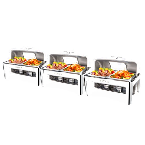 ROVSUN 3 Pack Roll Top Chafing Dish Buffet Set,9 Quart Rectangular NSF Stainless Steel Chafer for Catering,Buffet Servers and Warmers Set with Glass Window for Wedding, Party, Banquet, 2 Half Size