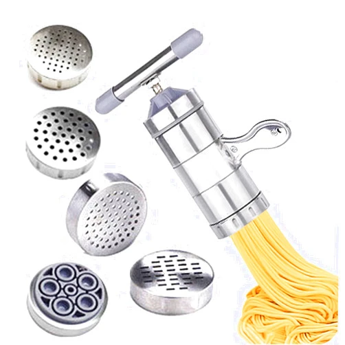 VETAKING Stainless Steel Manual Noodles Press Hand Crank Spaghetti Fettuccine Noodle Dough Press Machine Pasta Maker with 5 Noodle Mould, Fruit Juicer Squeezer (18.5x14cm)