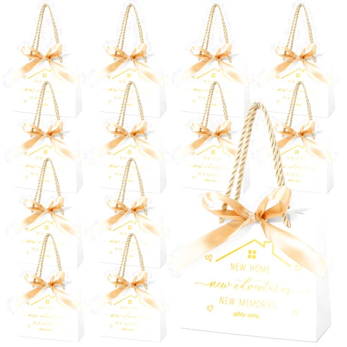 Spakon 25 Pcs Small House Gift Bags New Home House Warming Gift Bag Closing Gifts for Home Buyers Real Estate Agent Gifts Paper Gift Bags with Golden Bow Ribbon and Handles for Real Estate Supplies