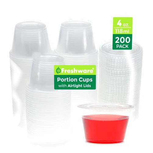 Freshware Plastic Portion Cups with Lids [4 Ounce, 200 Sets] Disposable Plastic Cups for Meal Prep, Salad Dressing, Jellos Shot Cups, Souffle Cups, Condiment and Dipping Sauce Cups
