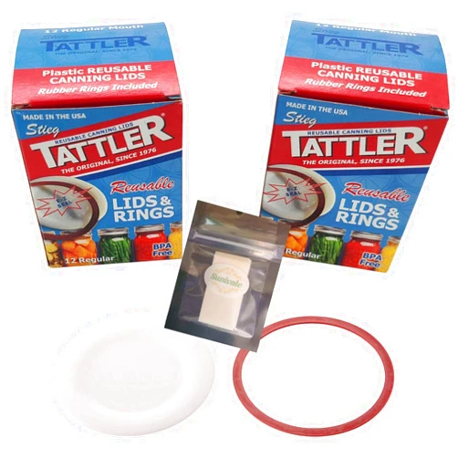 SUNIVALE Reusable Canning Lids Bundle Includes 24 Regular Mouth Tattler Lids and Rings and 24 Dissolvable Sunivale Jar Labels For Use With Hot Water Bath, Vacuum Sealer and Pressure Canning Methods Made in USA