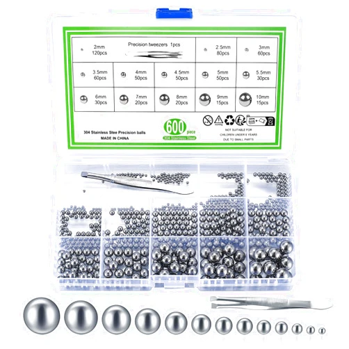 Ywchoshe 600 Pcs Metric Precision Steel Bearing Balls, Assorted Stainless Steel Loose Bicycle Bearing Steel Balls, Meal Bearing Steel Ball Assortment Kit, 2/2.5/3/3.5/4/4.5/5/5.5/6/7/8/9/10 mm