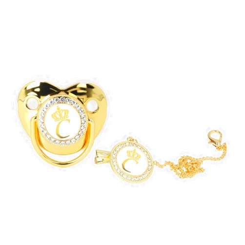 GLOGLOW Golden Letter Baby Pacifier, Personalized Bling Pacifier with Pacifier Clips and Anti-Dust Cover for Baby Shower Newborn Birthday Photography ()
