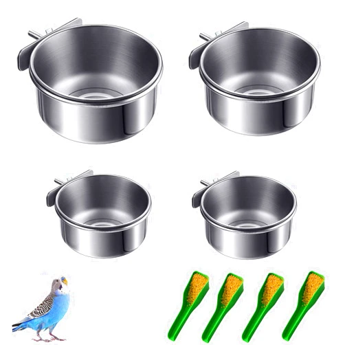 Lucky Interests 4 pcs Bird Feeding Dish Cups, Three Sizes Parrot Stainless Steel Food Bowl Bird Cage Water Feeder with Clamp Holder for Parrots Cockatiel Budgies Lovebird Parakeet with 4 Bird Spoon