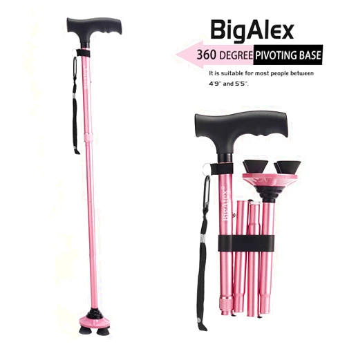 BigAlex Folding Cane with LED Light Walking Cane Adjustable & Portable Pivoting Quad Base,Lightweight,Collapsible with Carrying Bag for Men Women Seniors Pink and Black