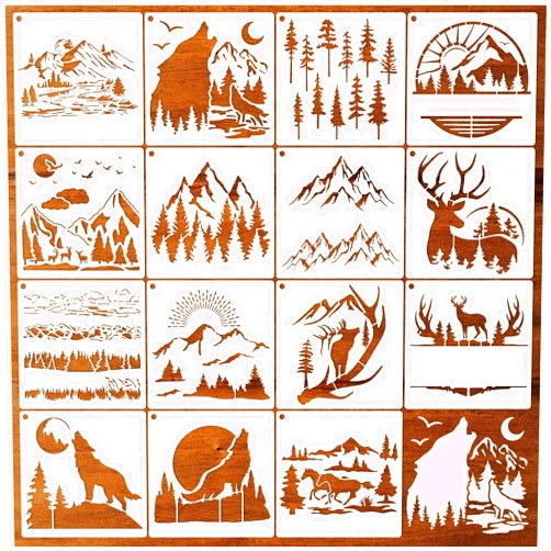 Boqon 15 Pieces Deer Wolf Mountain Stencils Reusable Pine Tree Stencils Forest Wildlife Paint Template Wood Burning Stencil Painting on Wood Crafts Wall Home Decors (Wildlife)