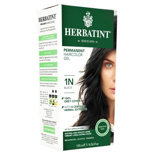 Herbatint Permanent Haircolor Gel, 1N Black, Alcohol Free, Vegan, 100% Grey Coverage - 4.56 oz