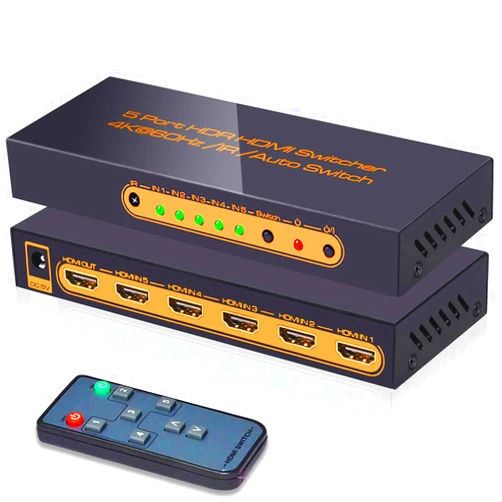 SkycropHD 4K@60Hz 5 Port HDMI Switch with Remote, Premium 5 in 1 Out 4Kx2K HDMI Auto Switcher, Support HDR10, Dolby Vision, Dolby Atmos, HDCP2.2 and CEC