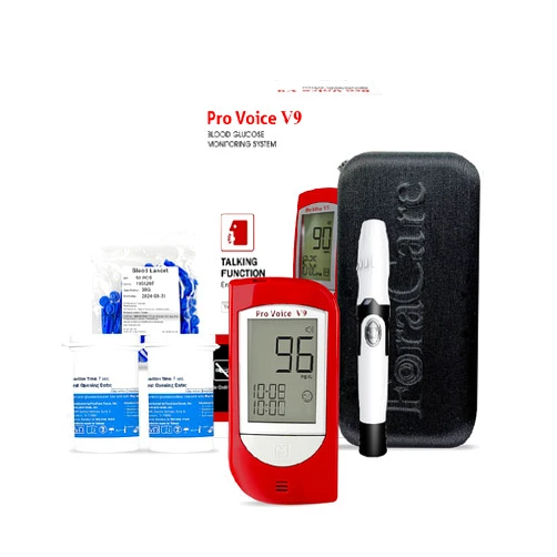 FORA Pro Voice V9 Diabetes Testing Kit for Accurate and Easy Monitoring Your Blood Glucose with Talking Glucometer, 1 Meter, 100 Test Strips, 100 Lancets, 1 Painless Design Lancing Device, Carry Case