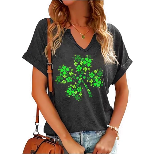 PUCKOLITY St Patricks Day V Neck Shirts for Women Lucky Irish Shamrock Clover Graphic Shirt Casual Short Sleeve T Shirt Tops