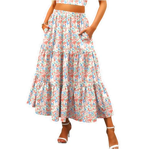 ANRABESS Women’s Summer Boho Elastic Waist Pleated A-Line Flowy Swing Tiered Long Beach Skirt Dress with Pockets