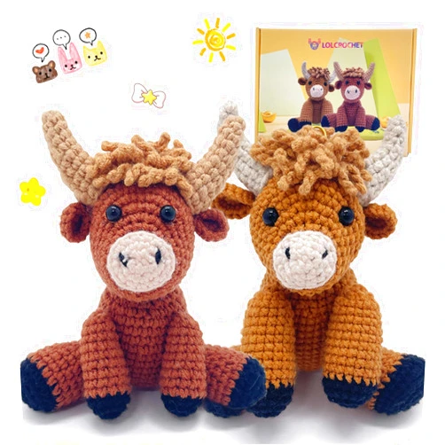 LOLCROCHET Highland Cow Crochet Kit for Beginners, 2 Pcs Animals Amigurumi Crochet Starter Kit with Step-by-Step Video Tutorial, Easy Knitting Set for Kids Adults Crocheting Doll Xmas Gift