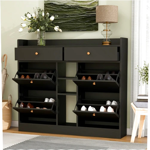 Ampela Modern Cabinet with 4 Flip, Multifunctional 2-Tier Storage Organizer with Drawers,Freestanding Shoe Rack with Adjustable Shelf for Entryway,Hallway,Living Room, 16-Black