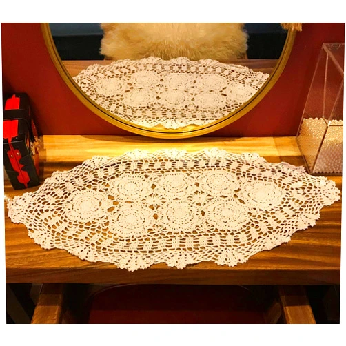 Janef Beige Handmade Crochet Cotton Table Runner Lace Doilies Doily Oval Dresser Scarves,16 by 27 Inches.