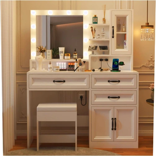 Likein Vanity Desk with Mirror and Lights, Makeup Vanity Set with Stool & 3 Drawers, Charging Station, Open Shelves, Glass Storage Cabinet, 3 Color Modes, Girls White Vanity Dressing Table for Bedroom