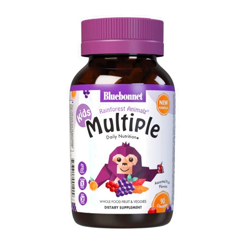Bluebonnet Nutrition Rainforest Animalz Whole Food Based Multiple Chewable Tablets, Kids Multivitamin & Mineral, Vitamin C, D3, Iron, Gluten Free, Milk Free, Kosher, 90 Chewable Tablets, Mixed Flavors