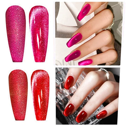 AHAMIOU Crystal Cat Eye Gel Polish Kits Magnetic Nail Polish Set Holographic Cats Eyes Gel Nail Polish Shiny Diamond Glitter Gel with Magnet Stick (2PCS-dark pink&ruby red)