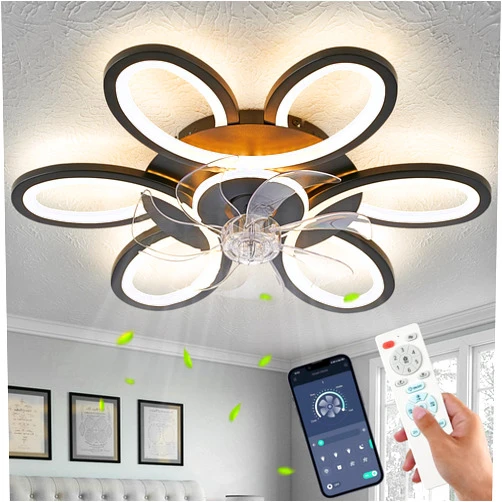 SIJINCHEN Black-Star ring Ceiling Fans with Lights and Remote, 27 Inch Modern Low Profile Flush Mount Ceiling Fan, Dimmable LED Ceiling Light Fixture, Small Ceiling Fans for Bedroom, Kitchen, Indoor-Black