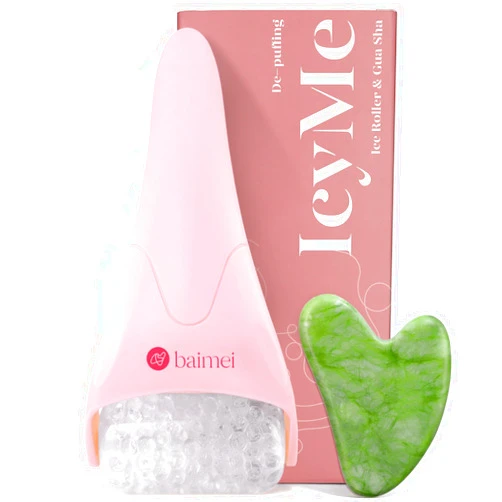BAIMEI IcyMe Cryotherapy Ice Roller and Gua Sha Facial Tools Puffiness Redness Reducing Migraine Pain Relief Skin Care Tools Face Massager, Self Care Gift for Women - Pink