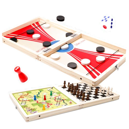 BESFAN 3-in-1 Chess Board Set, Foldable Large Size Sling Puck Game, Table Top Snake and Ladder Board Game, Foosball Winner Wooden Game Toy for Adults Kids Family