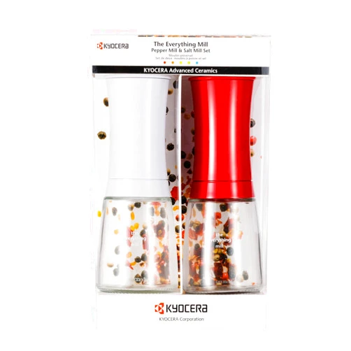 Kyocera 2-Piece Pepper, Salt, Seed and Spice Everything Mill Set with Adjustable Advanced Ceramic Grinder, Brilliant White/Candy Apple Red , 3.5”H x 4.8”W x 7.9”L