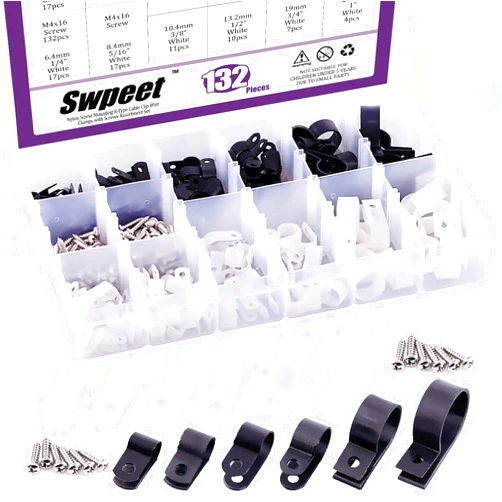 Swpeet 135 Pack 6 Sizes White+Black Nylon Plastic R-Type Cable Clips Clamp Assortment Kit, 3/16