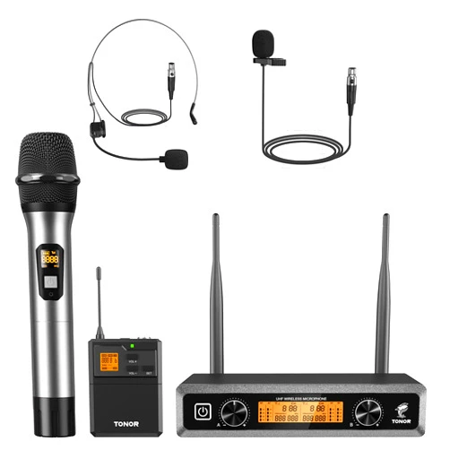 TONOR Wireless Microphones System with Metal UHF Headset/Lapel/Lavalier/HandheldMics, Cordless Bodypack Transmitter, Receiver for Karaoke Church Singing Party PA DJ Speaker, 2*15 Channels 200ft Range